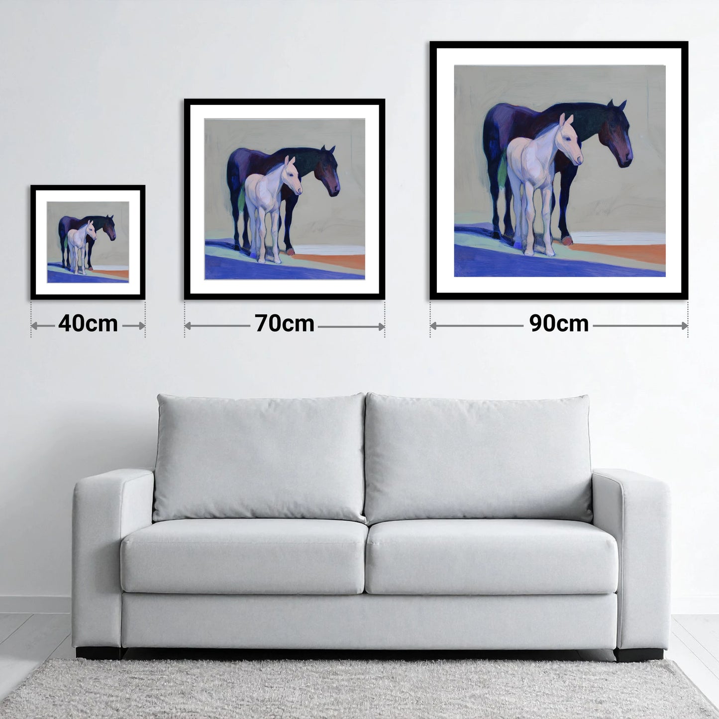 Indigo and Dawn - size guide showing 40cm, 70cm and 90cm art prints