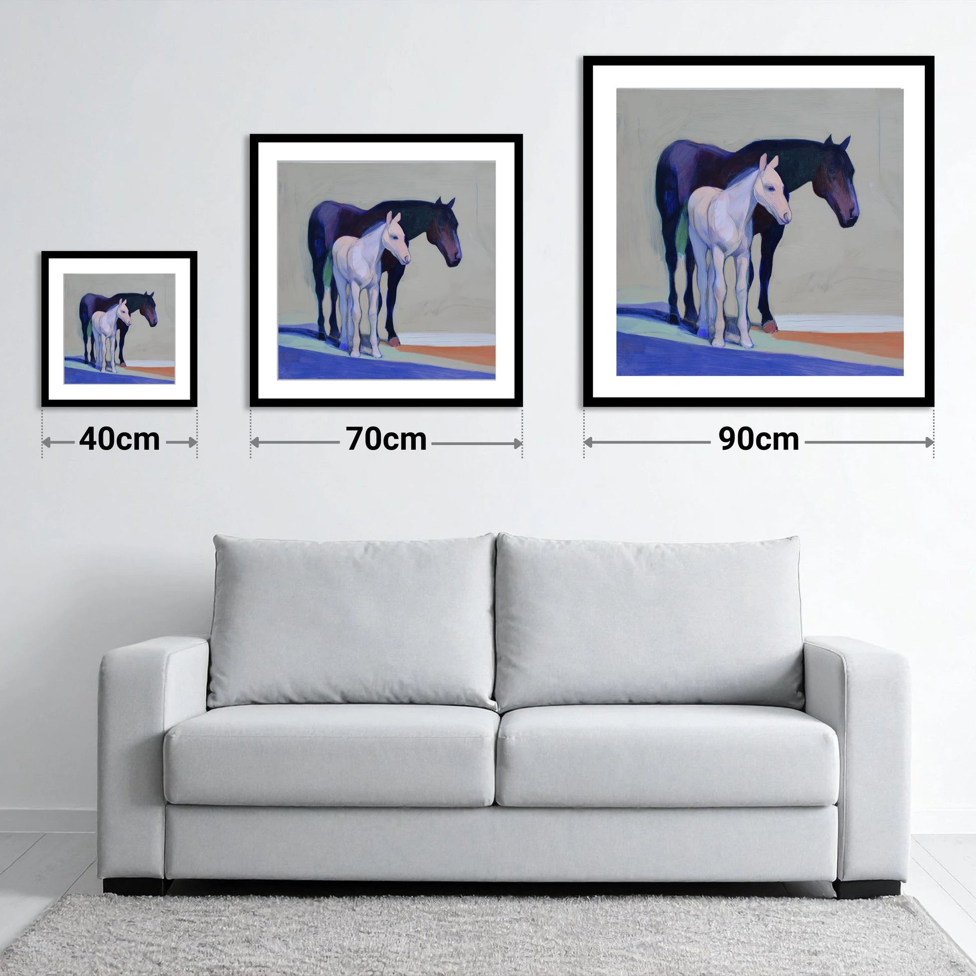 Indigo and Dawn - size guide showing 40cm, 70cm and 90cm art prints
