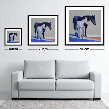 Indigo and Dawn - size guide showing 40cm, 70cm and 90cm art prints