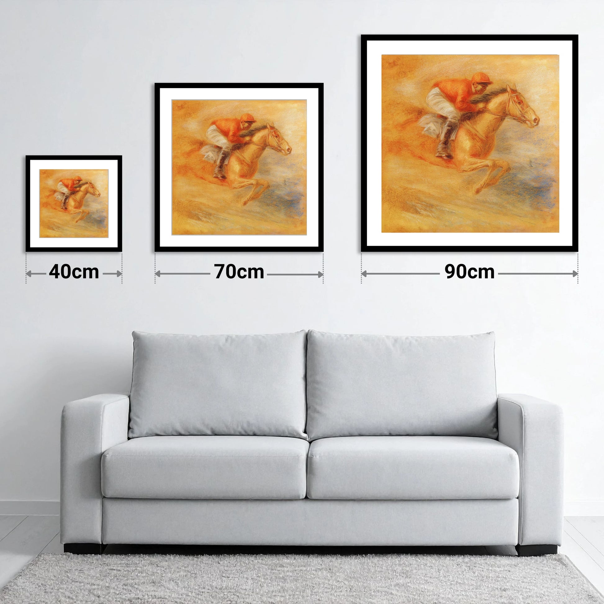 Flight Over Terracotta - size guide showing 40cm, 70cm and 90cm art prints