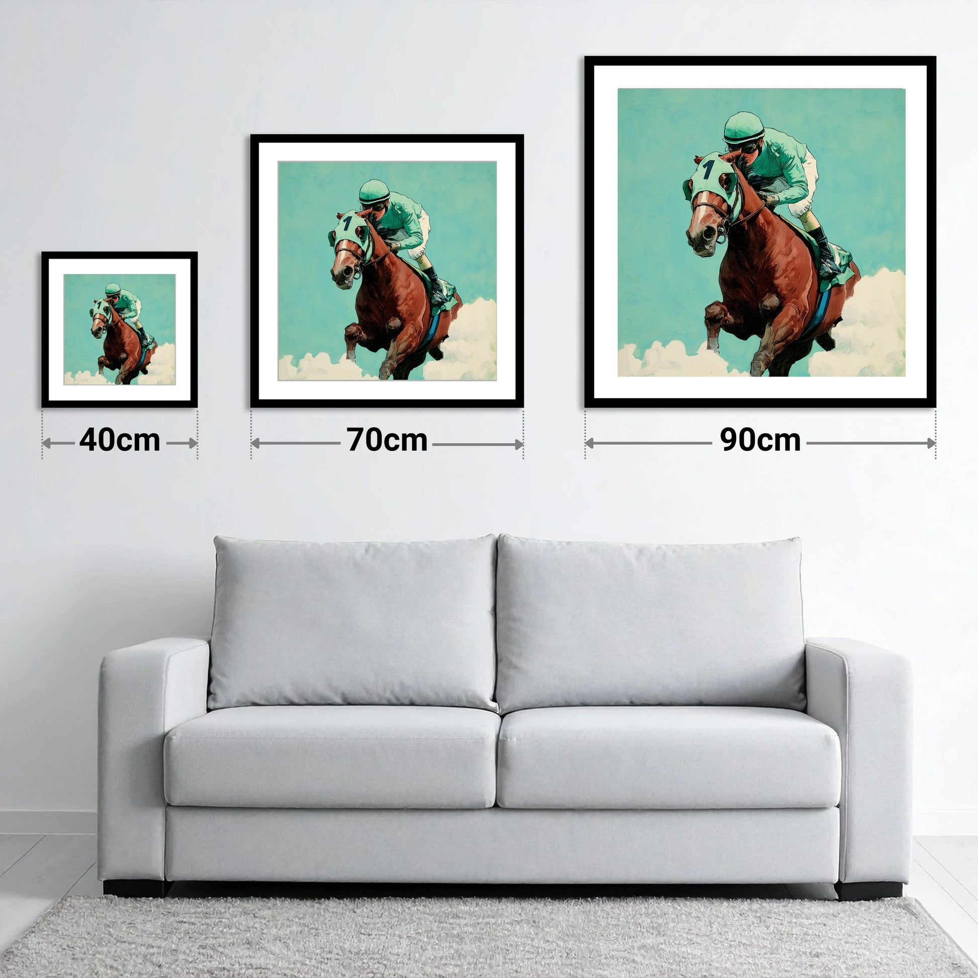Flight of the Champion - size guide showing 40cm, 70cm and 90cm art prints