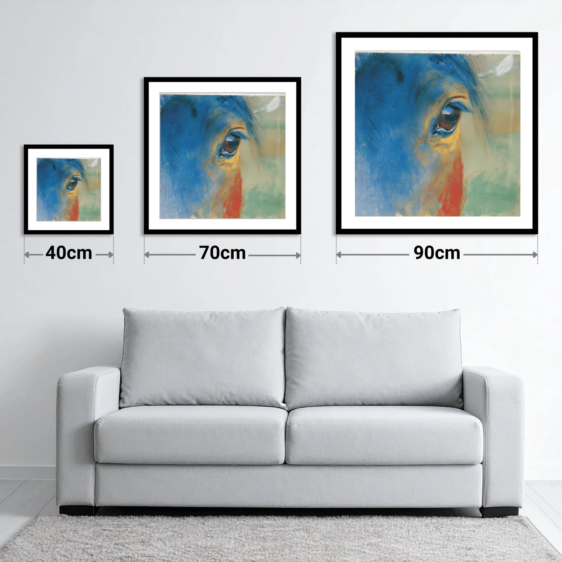 The Cerulean Gaze - size guide showing 40cm, 70cm and 90cm art prints