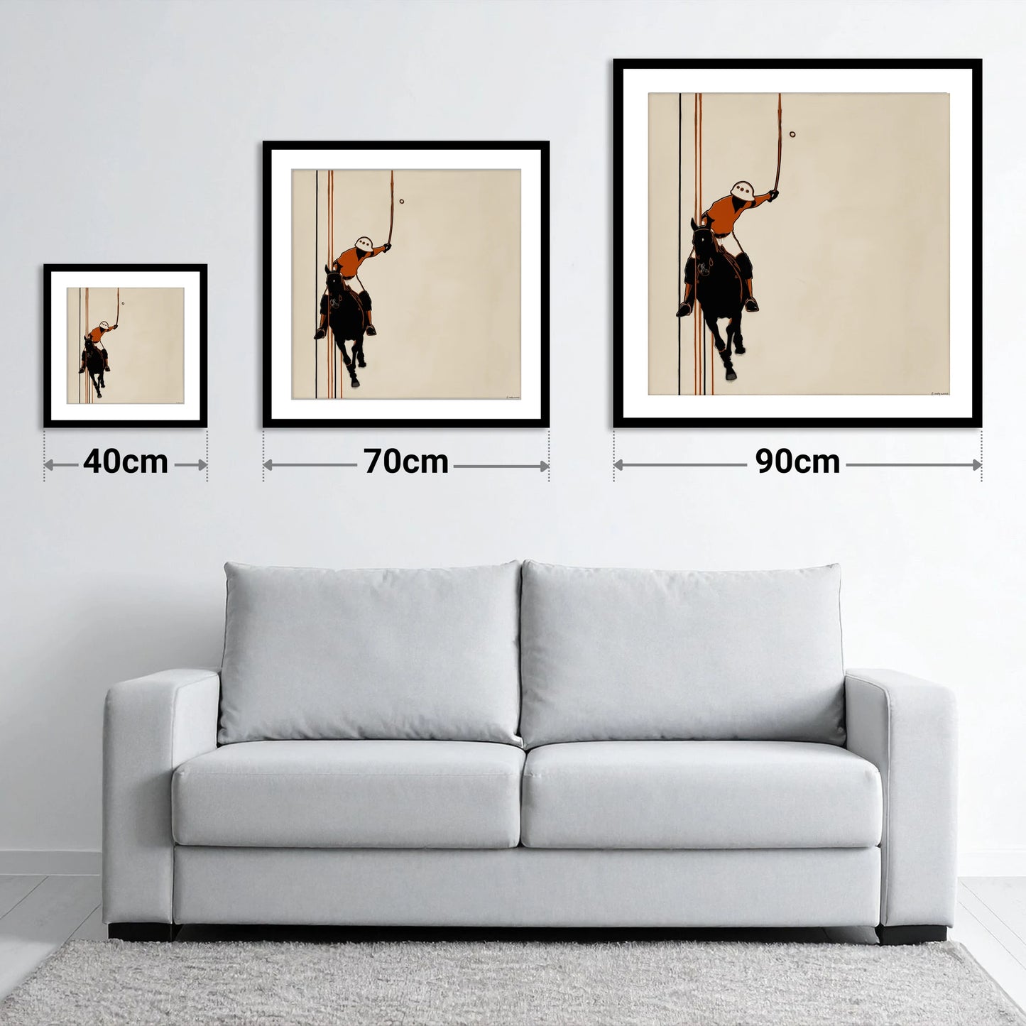 The Perfect Strike - size guide showing 40cm, 70cm and 90cm art prints