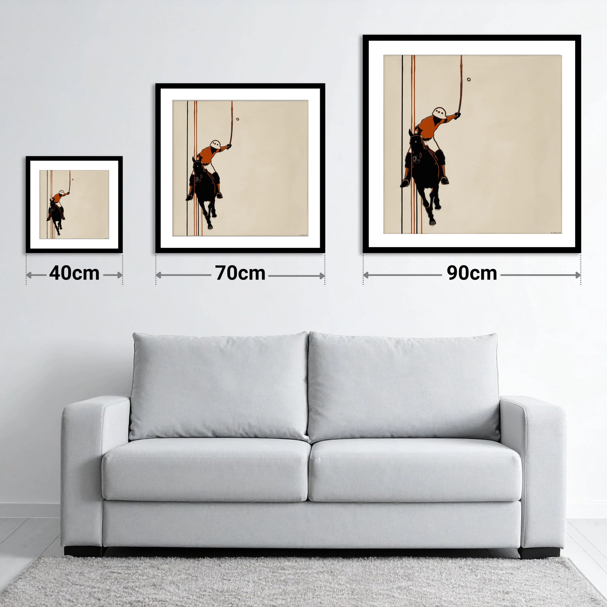 The Perfect Strike - size guide showing 40cm, 70cm and 90cm art prints