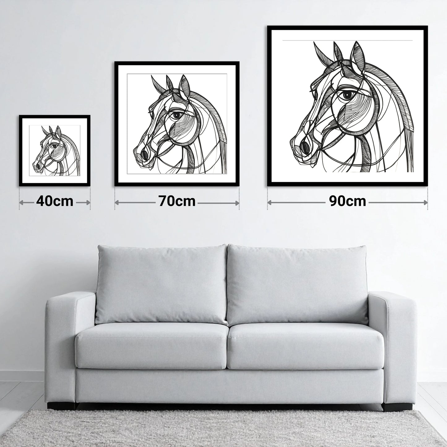 Bold Linear Equine - size guide showing 40cm, 70cm and 90cm art prints