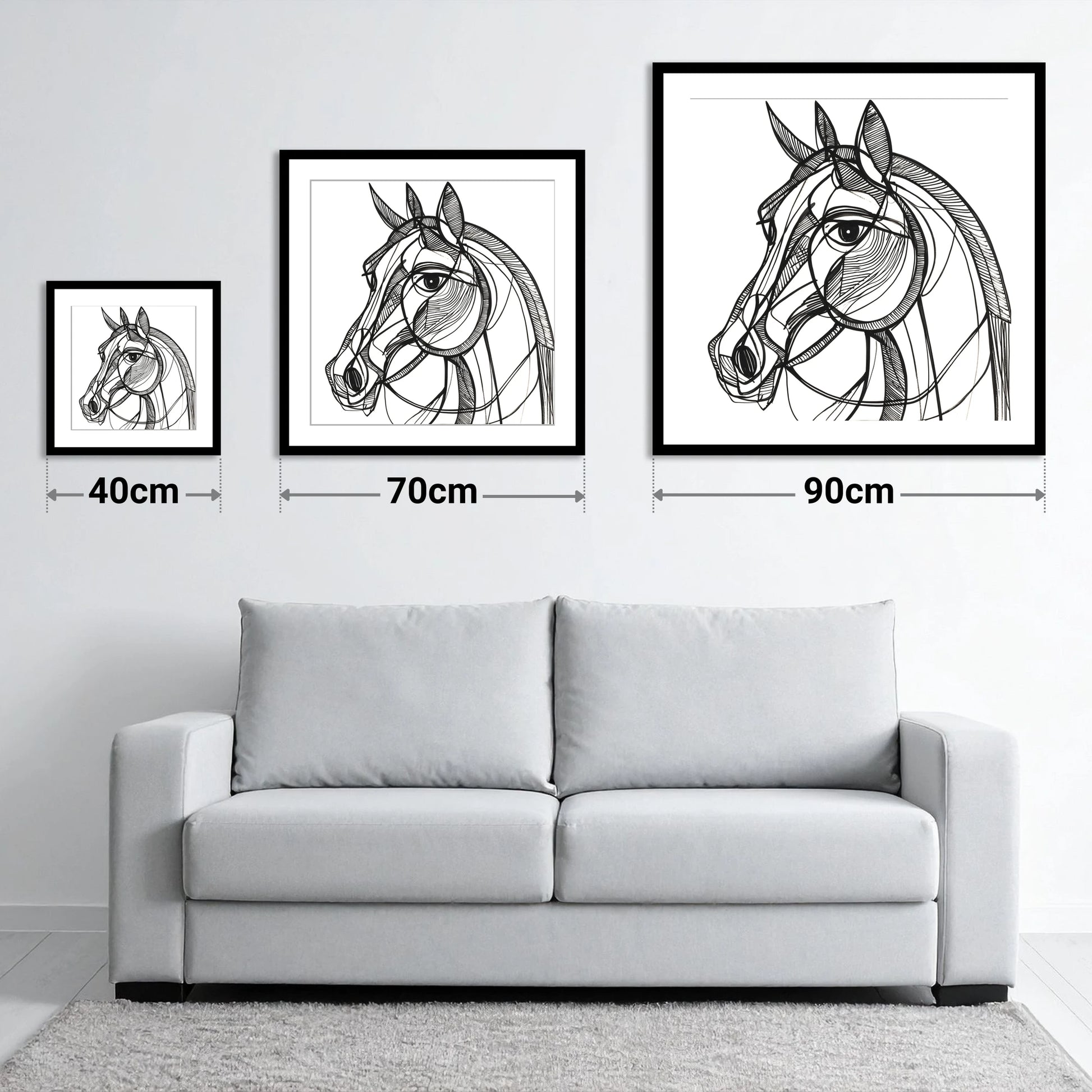 Bold Linear Equine - size guide showing 40cm, 70cm and 90cm art prints