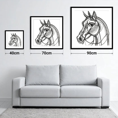 Bold Linear Equine - size guide showing 40cm, 70cm and 90cm art prints