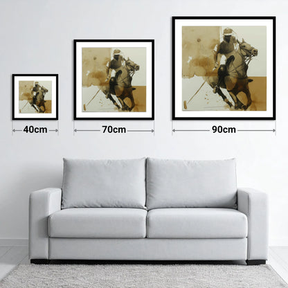 Sepia Polo Pursuit - size guide showing 40cm, 70cm and 90cm art prints