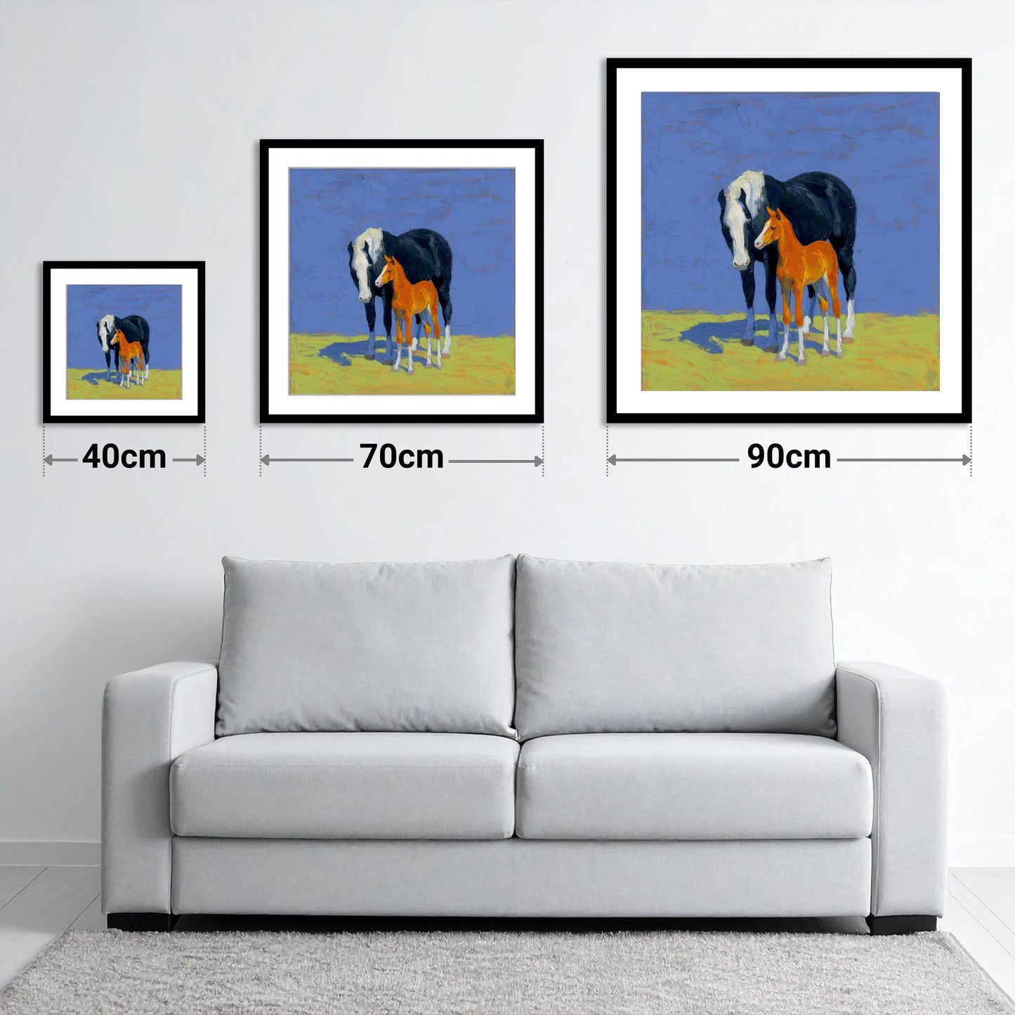 Vibrant Pasture Bond - size guide showing 40cm, 70cm and 90cm art prints