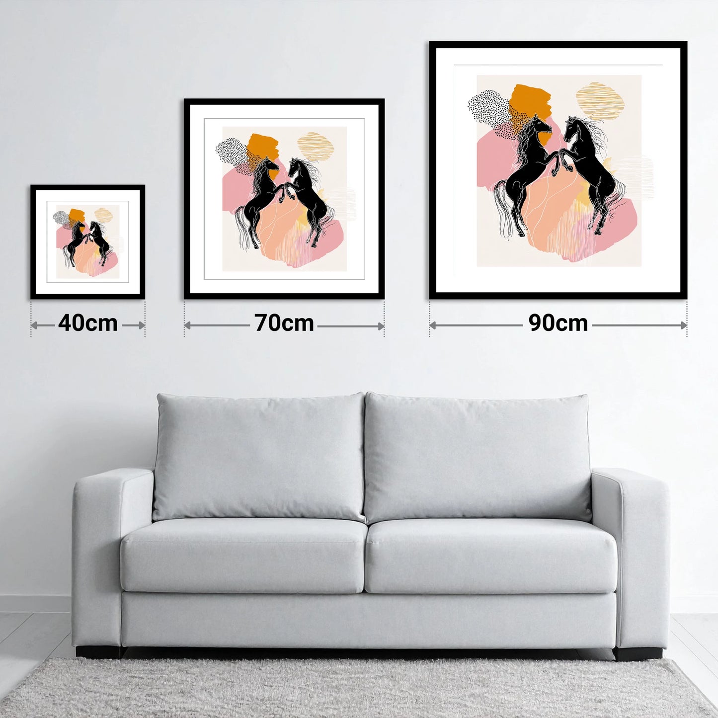 Abstract Equine Harmony - size guide showing 40cm, 70cm and 90cm art prints