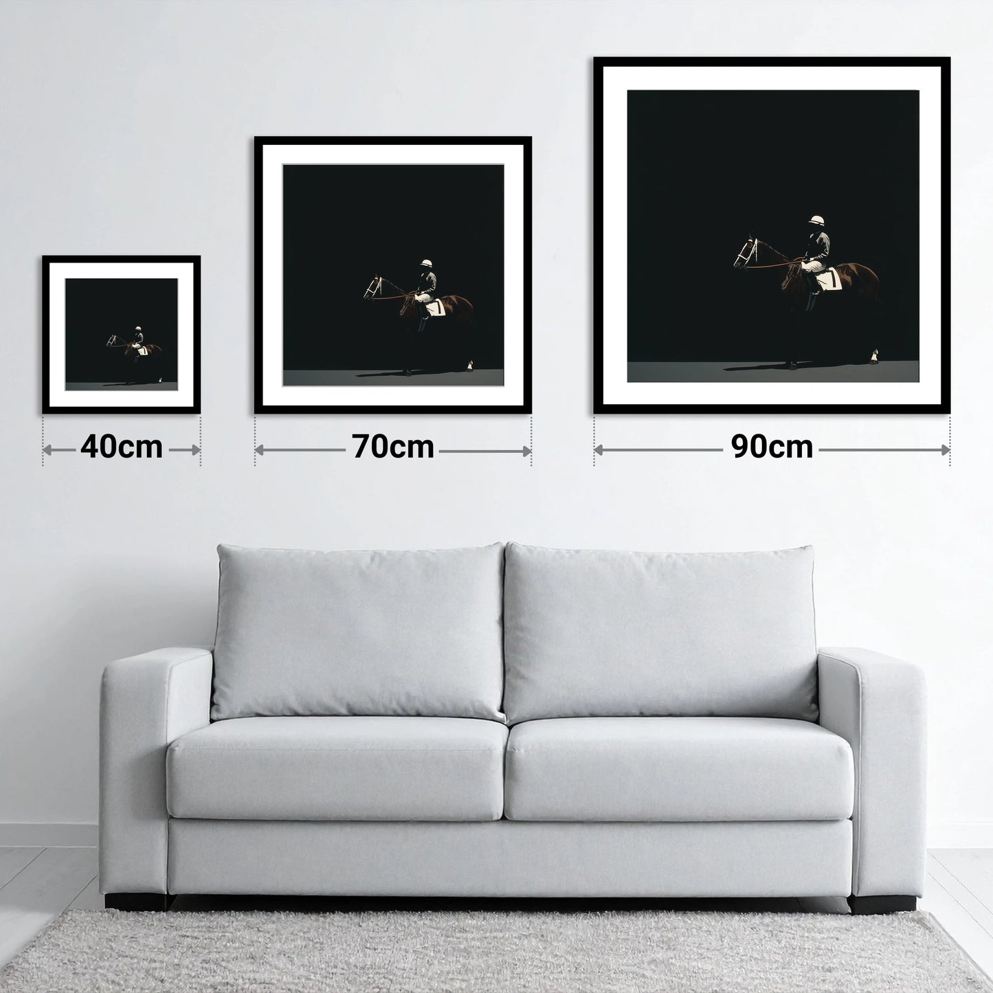 The Quiet Contender - size guide showing 40cm, 70cm and 90cm art prints