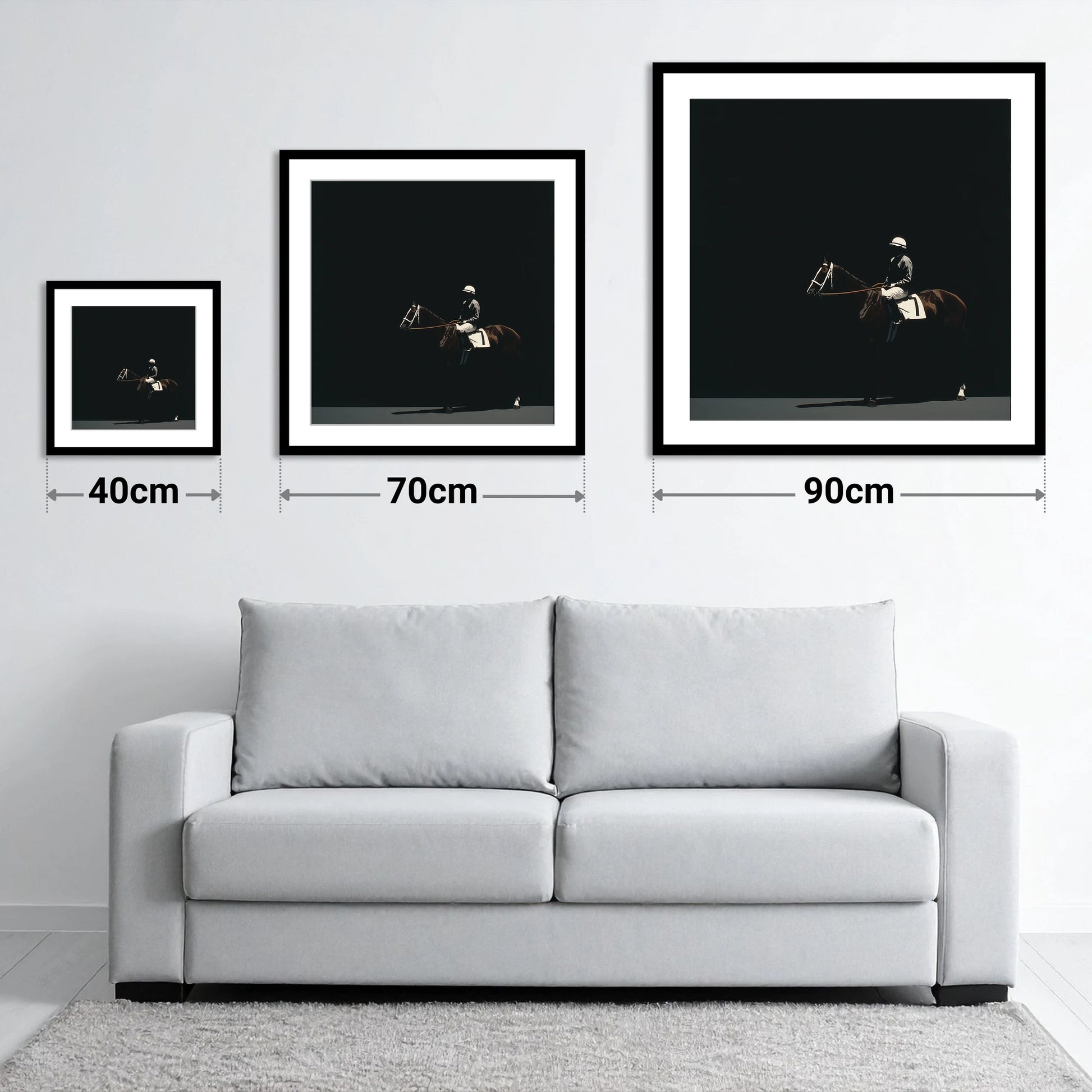 The Quiet Contender - size guide showing 40cm, 70cm and 90cm art prints