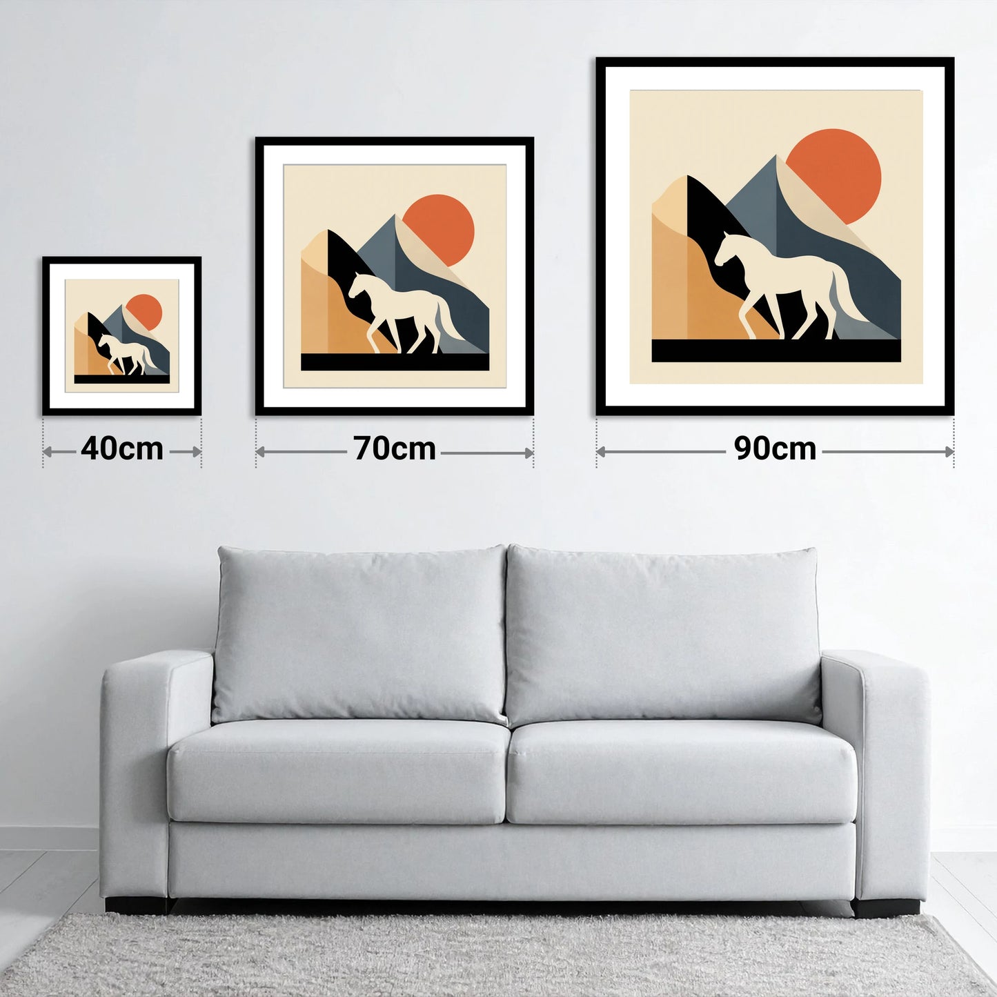 Abstract Equine Sunrise - size guide showing 40cm, 70cm and 90cm art prints