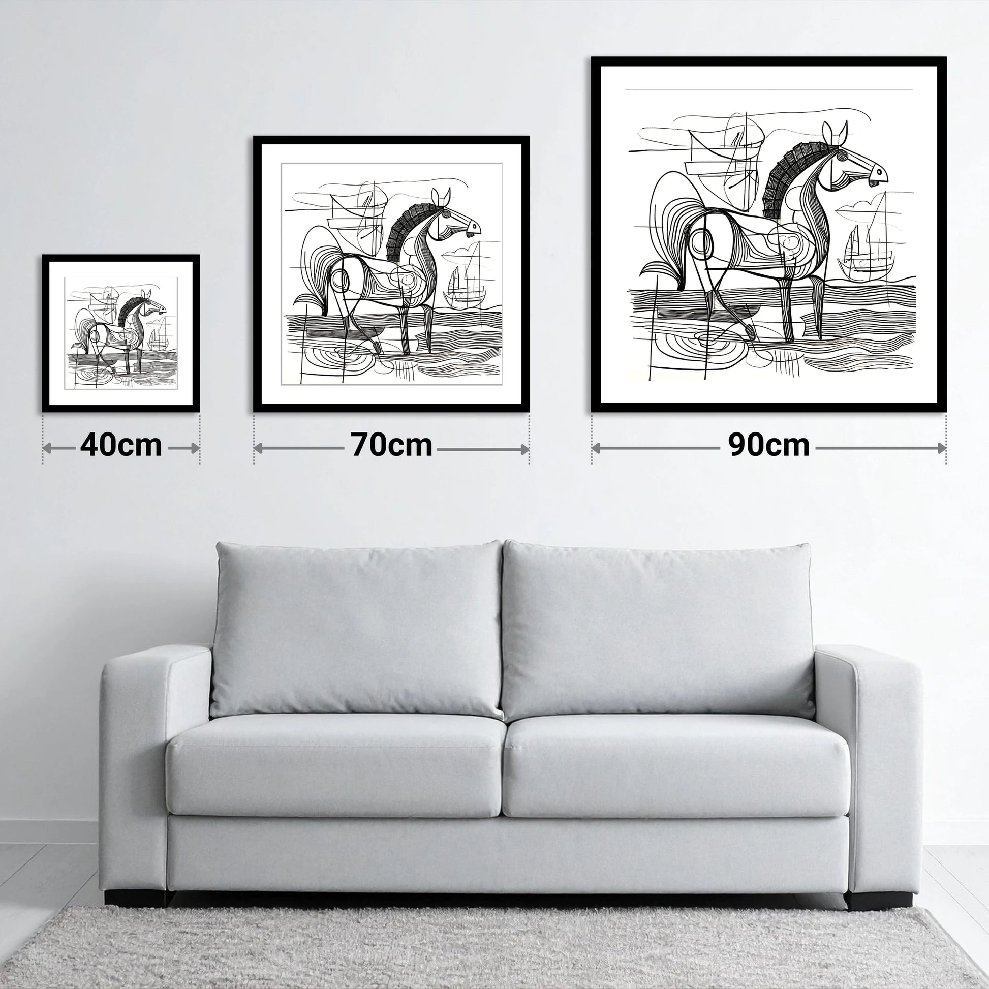 Abstract Coastal Equine - size guide showing 40cm, 70cm and 90cm art prints
