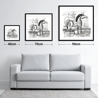 Abstract Coastal Equine - size guide showing 40cm, 70cm and 90cm art prints