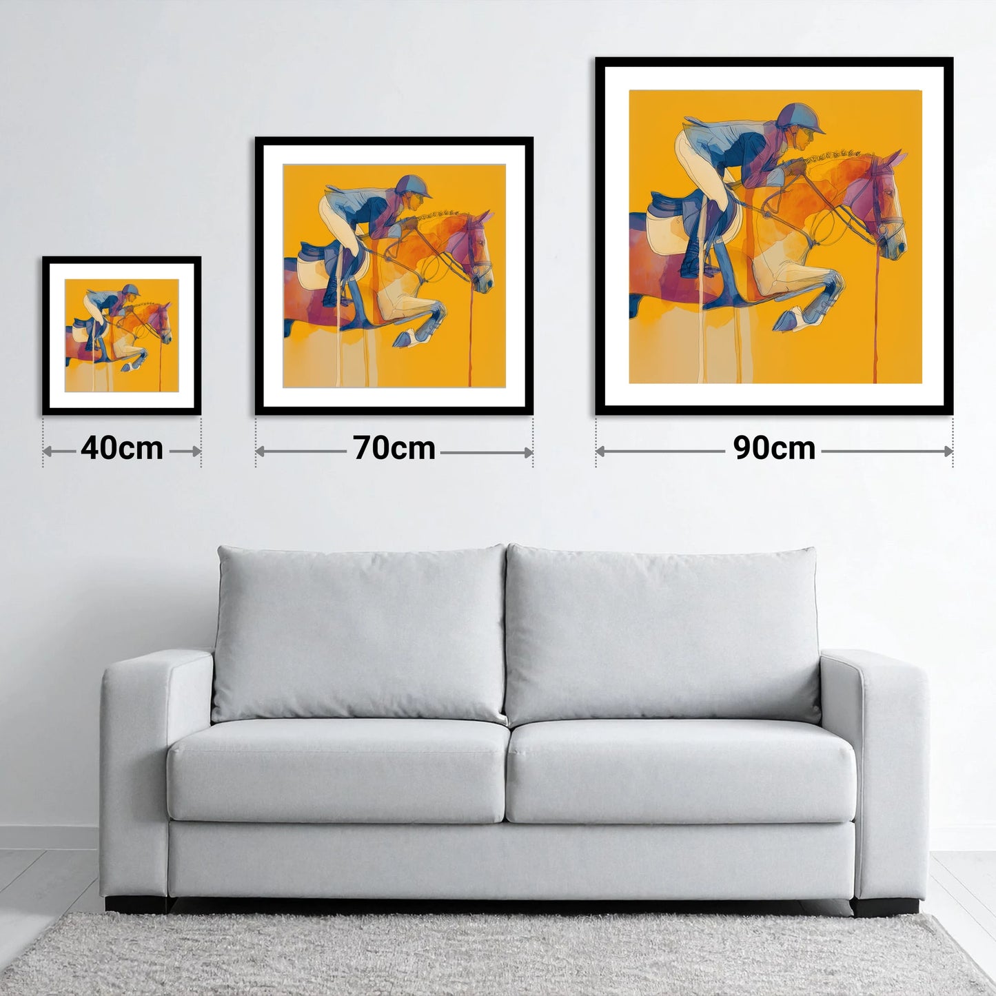 Suspended in Gold - size guide showing 40cm, 70cm and 90cm art prints