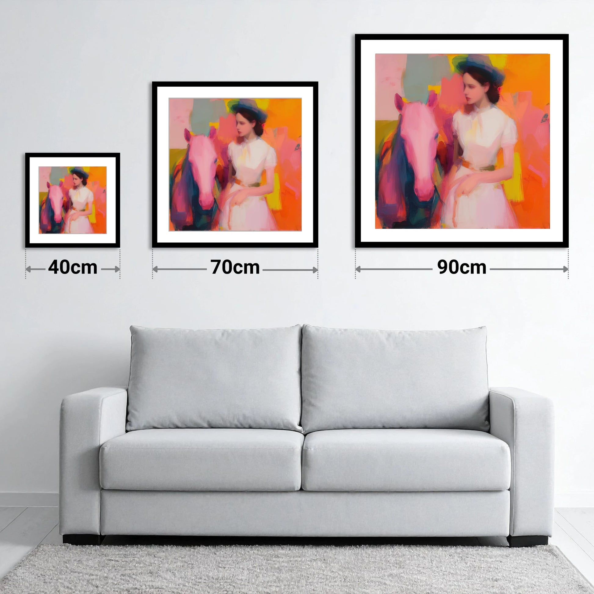 The Vibrant Companion - size guide showing 40cm, 70cm and 90cm art prints