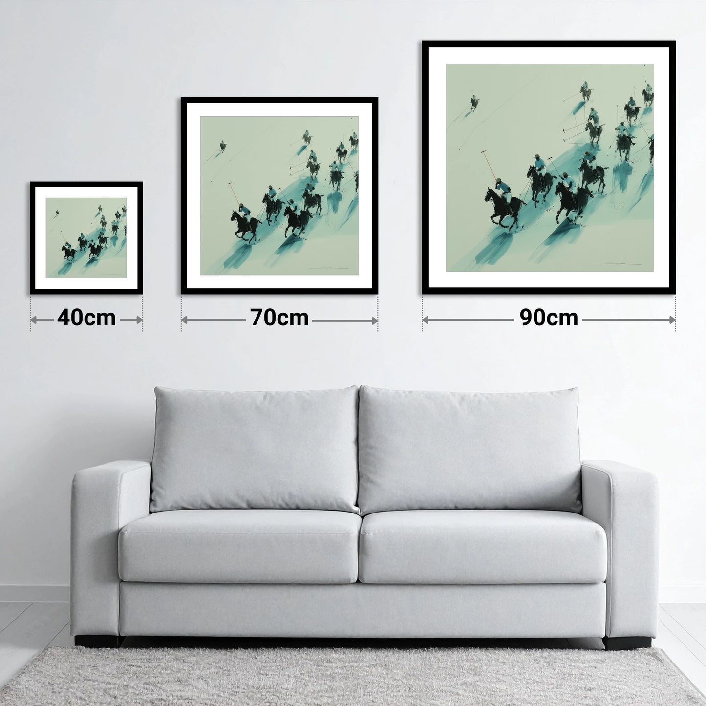 The Downfield Charge - size guide showing 40cm, 70cm and 90cm art prints
