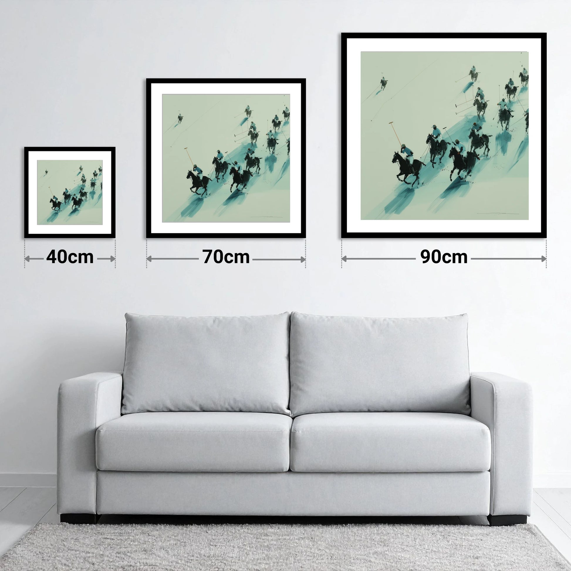 The Downfield Charge - size guide showing 40cm, 70cm and 90cm art prints