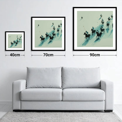 The Downfield Charge - size guide showing 40cm, 70cm and 90cm art prints