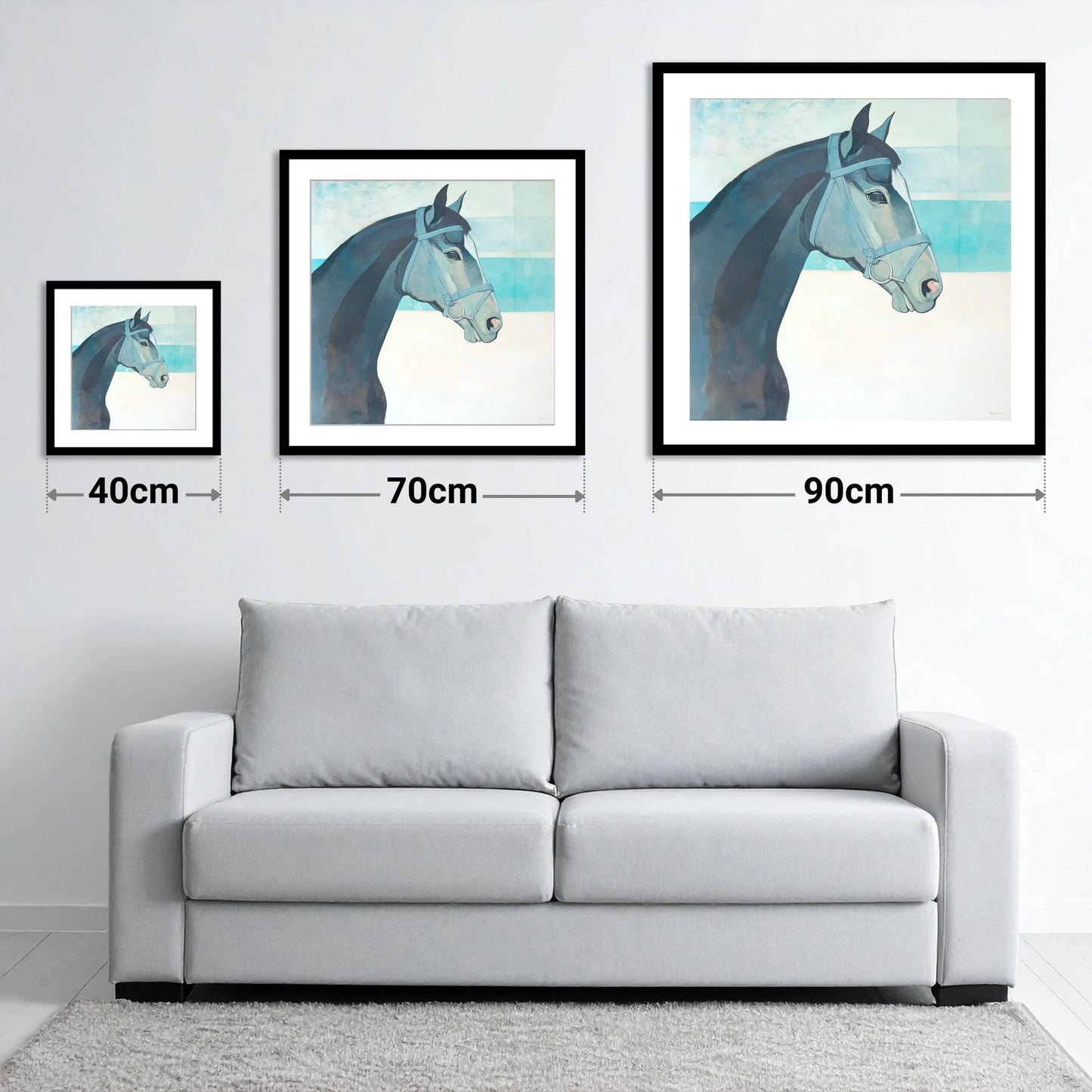 Serene Aquamarine Profile - size guide showing 40cm, 70cm and 90cm art prints