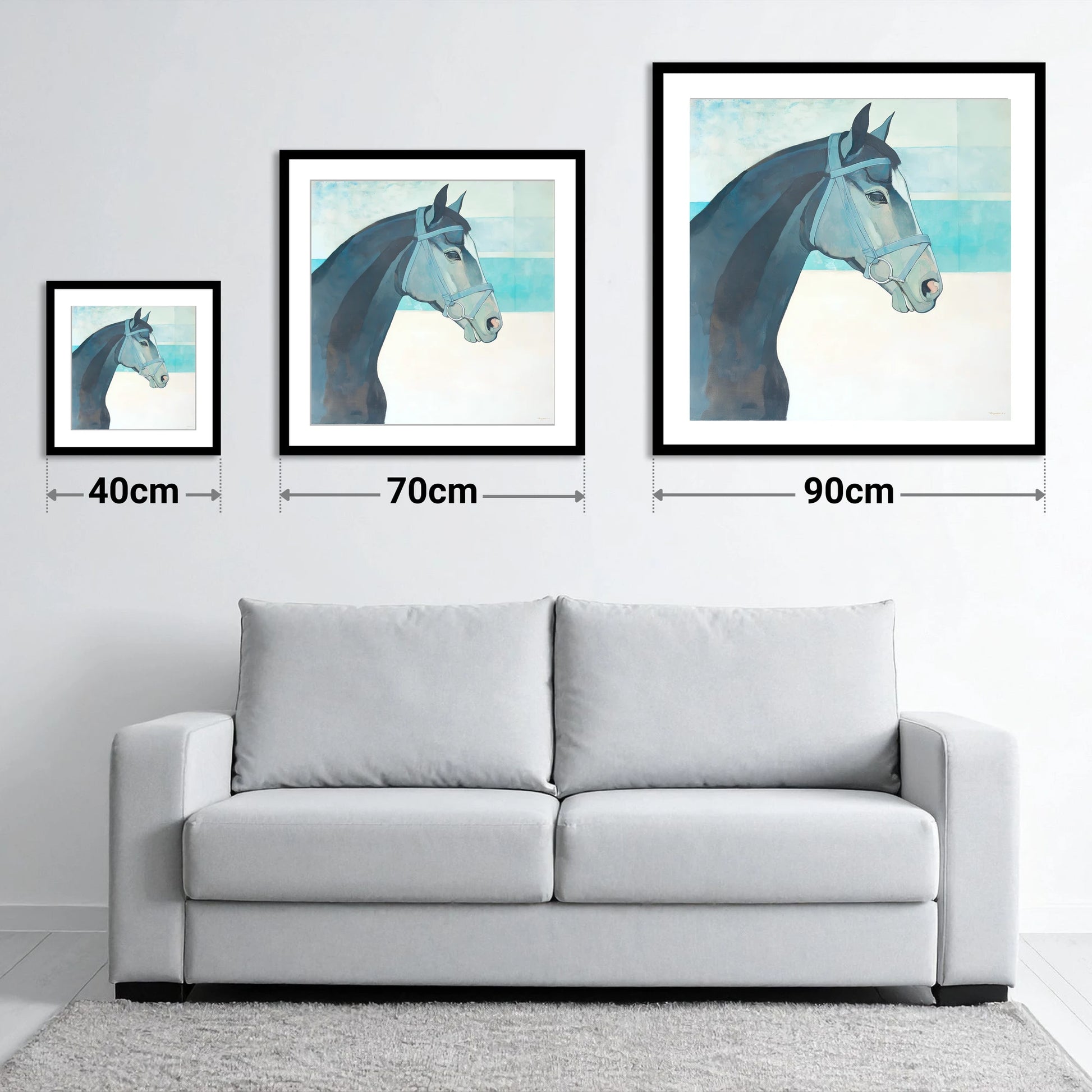 Serene Aquamarine Profile - size guide showing 40cm, 70cm and 90cm art prints