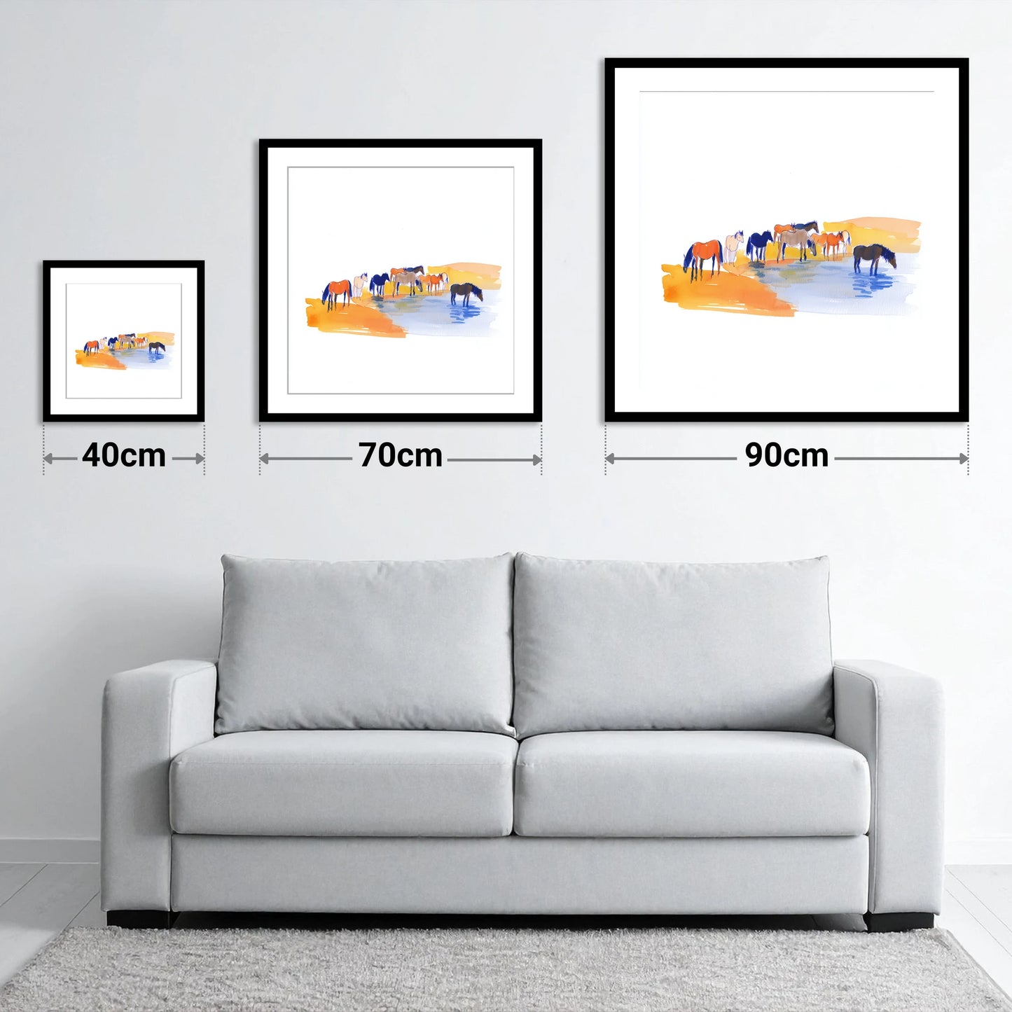 Oasis Gathering - size guide showing 40cm, 70cm and 90cm art prints