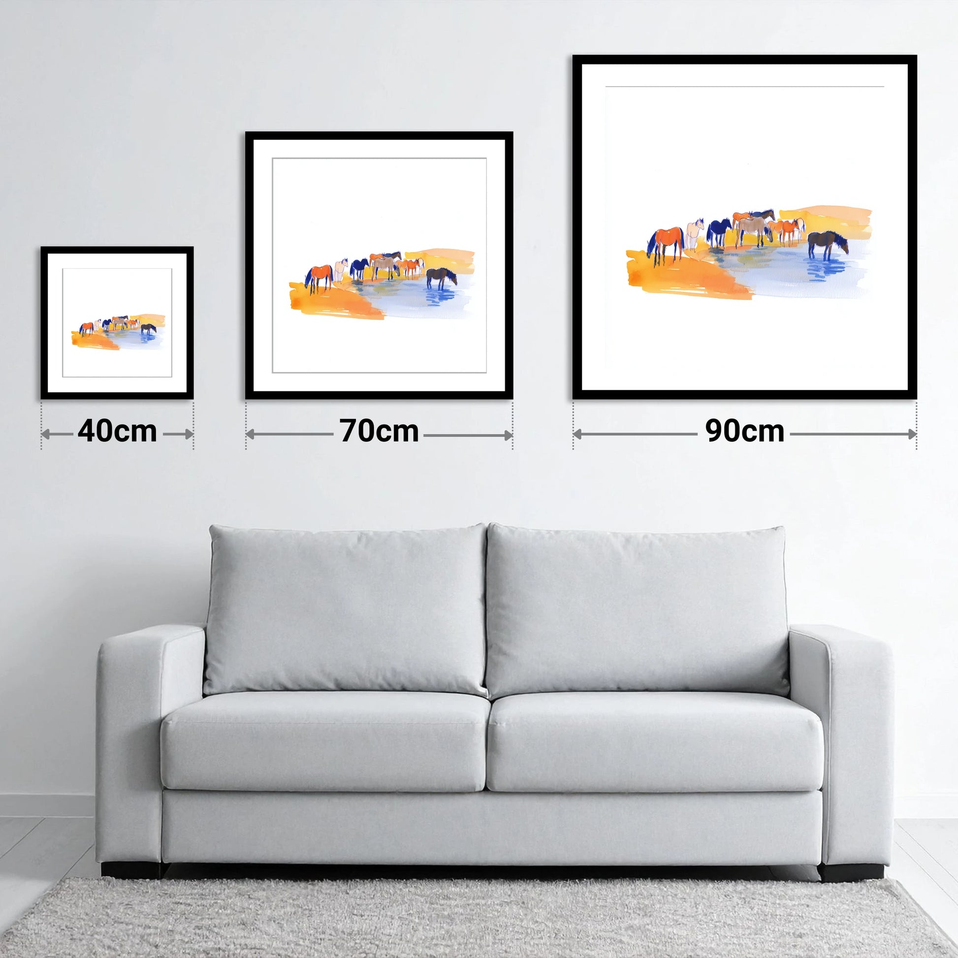 Oasis Gathering - size guide showing 40cm, 70cm and 90cm art prints