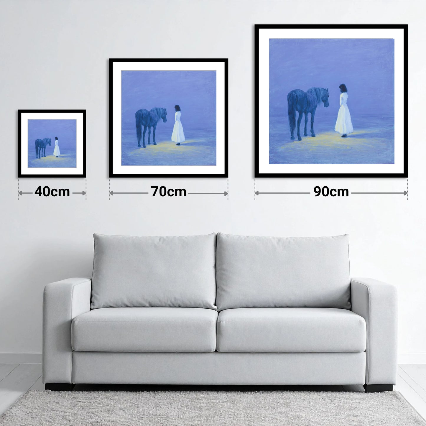 The Quiet Meeting - size guide showing 40cm, 70cm and 90cm art prints