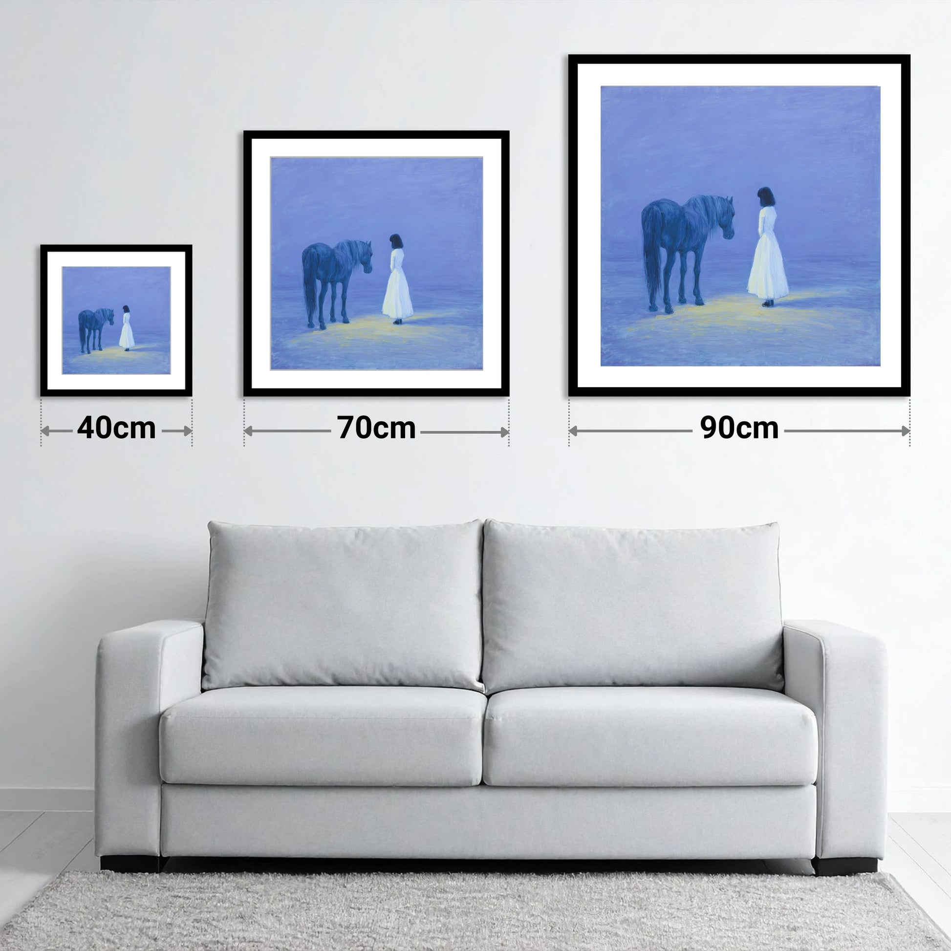 The Quiet Meeting - size guide showing 40cm, 70cm and 90cm art prints