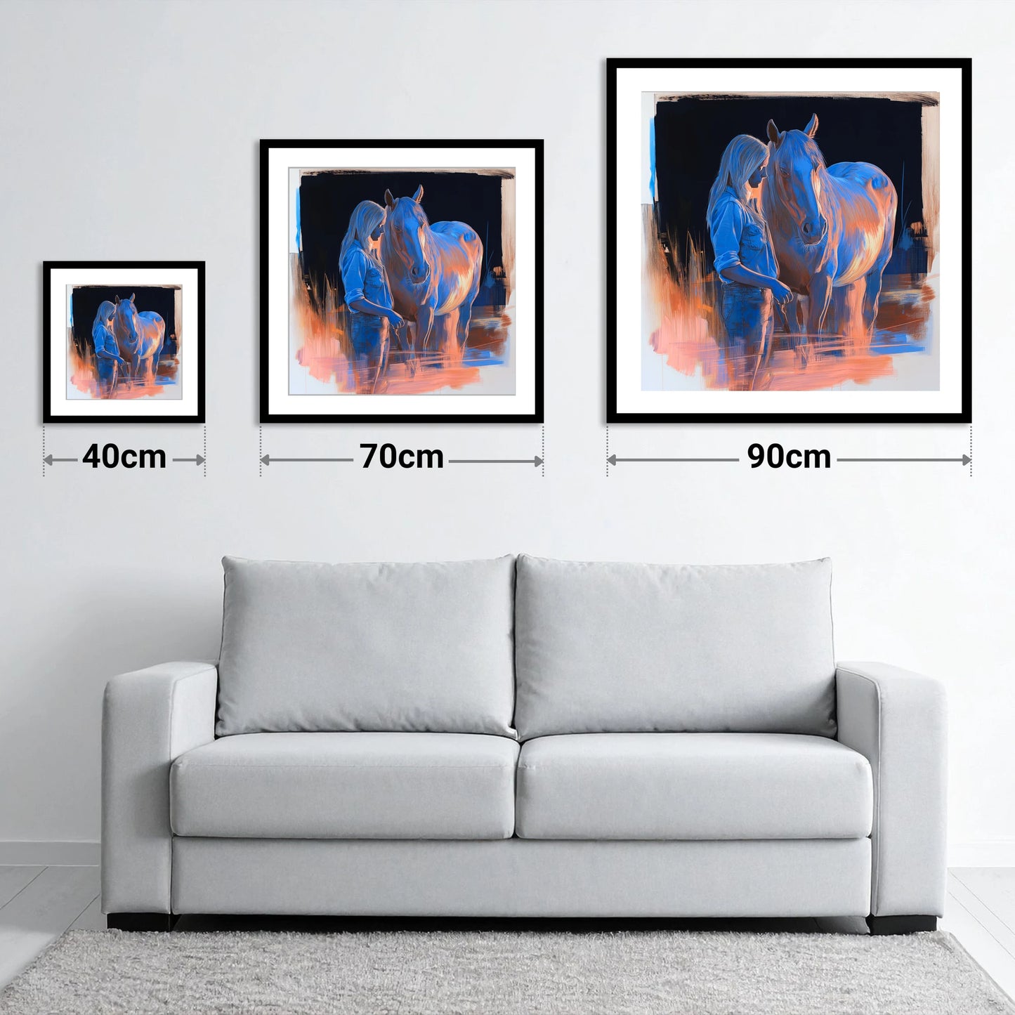 A Quiet Understanding - size guide showing 40cm, 70cm and 90cm art prints
