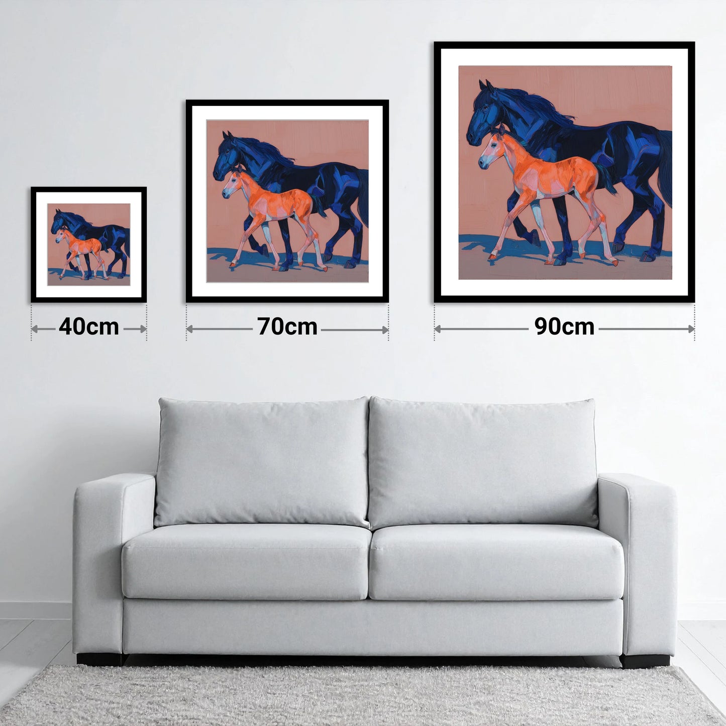 Cobalt and Coral - size guide showing 40cm, 70cm and 90cm art prints