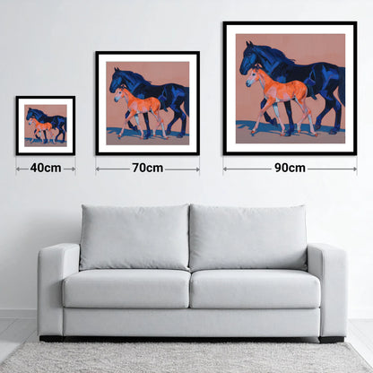 Cobalt and Coral - size guide showing 40cm, 70cm and 90cm art prints
