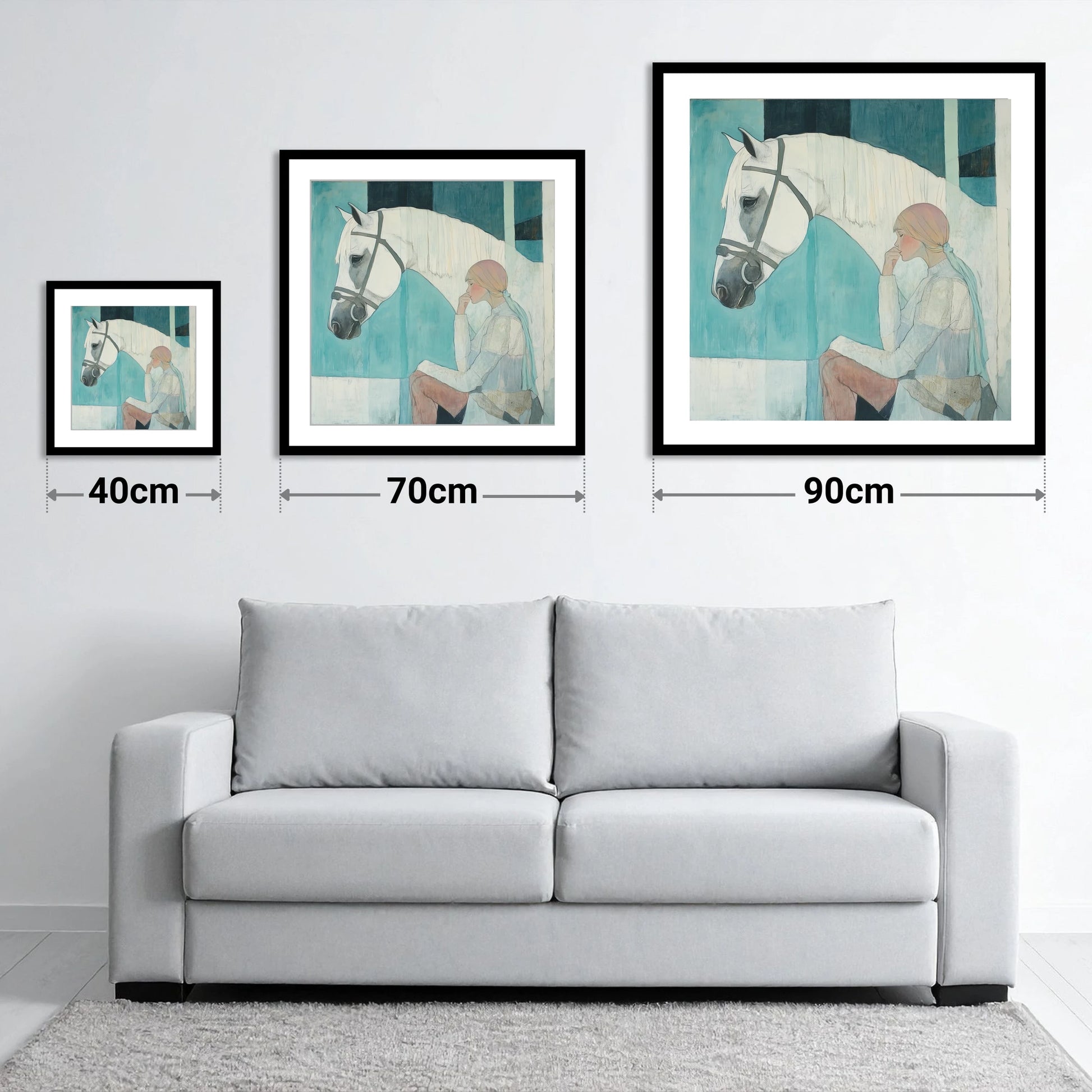 Quiet Contemplation - size guide showing 40cm, 70cm and 90cm art prints
