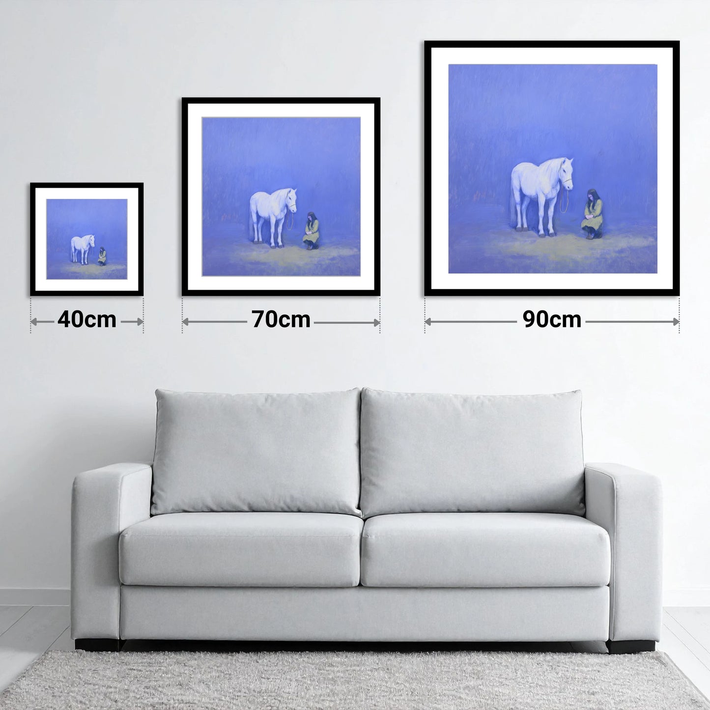 Solace in Azure - size guide showing 40cm, 70cm and 90cm art prints