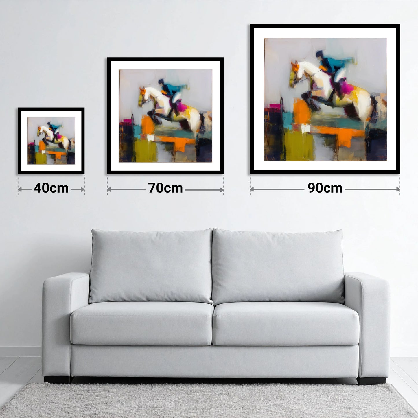 Vibrant Ascent - size guide showing 40cm, 70cm and 90cm art prints