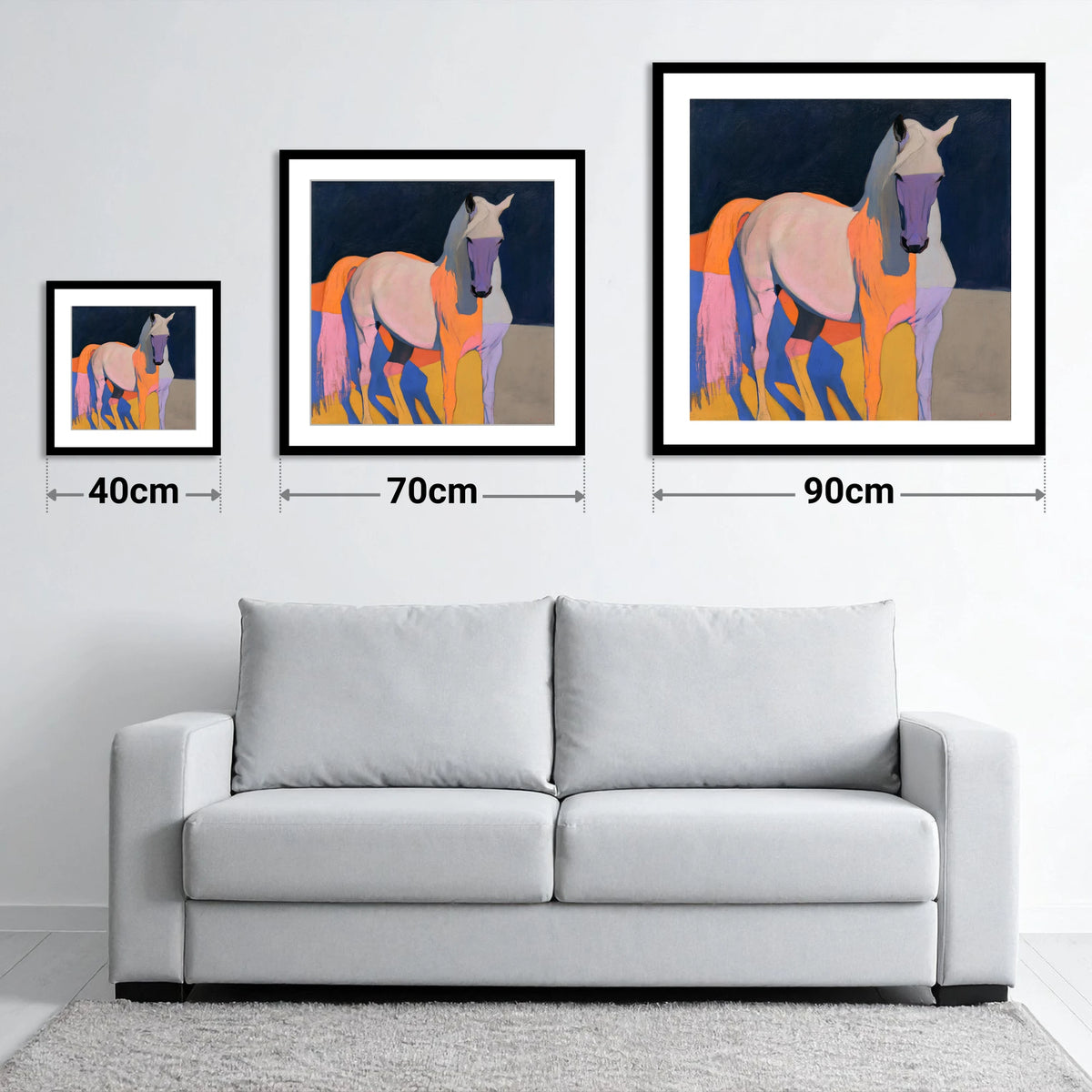 Colourful Abstract Grey Horse - size guide showing 40cm, 70cm and 90cm art prints