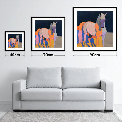 Colourful Abstract Grey Horse - size guide showing 40cm, 70cm and 90cm art prints