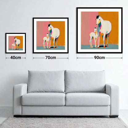 Vibrant Mare And Foal - size guide showing 40cm, 70cm and 90cm art prints