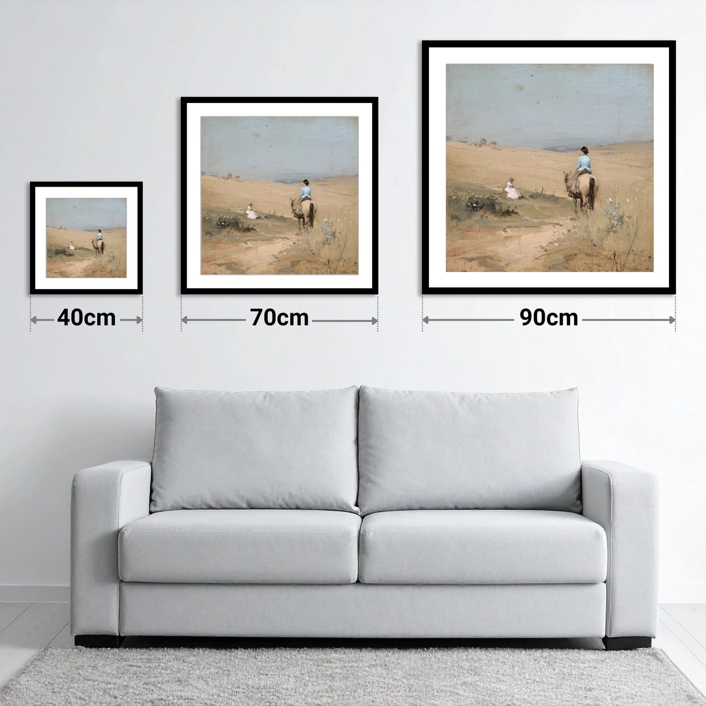 Hazy Summer Ride - size guide showing 40cm, 70cm and 90cm art prints