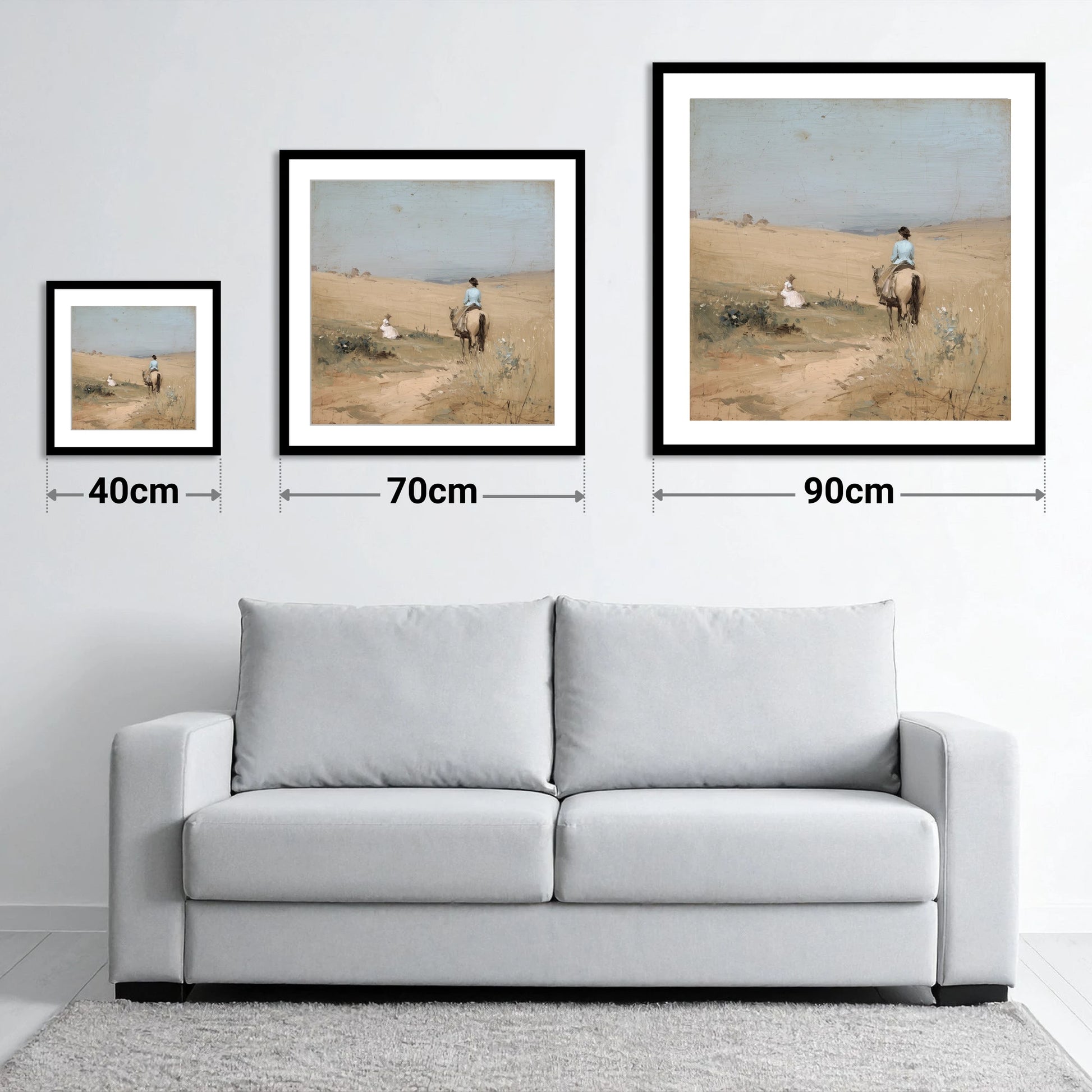 Hazy Summer Ride - size guide showing 40cm, 70cm and 90cm art prints