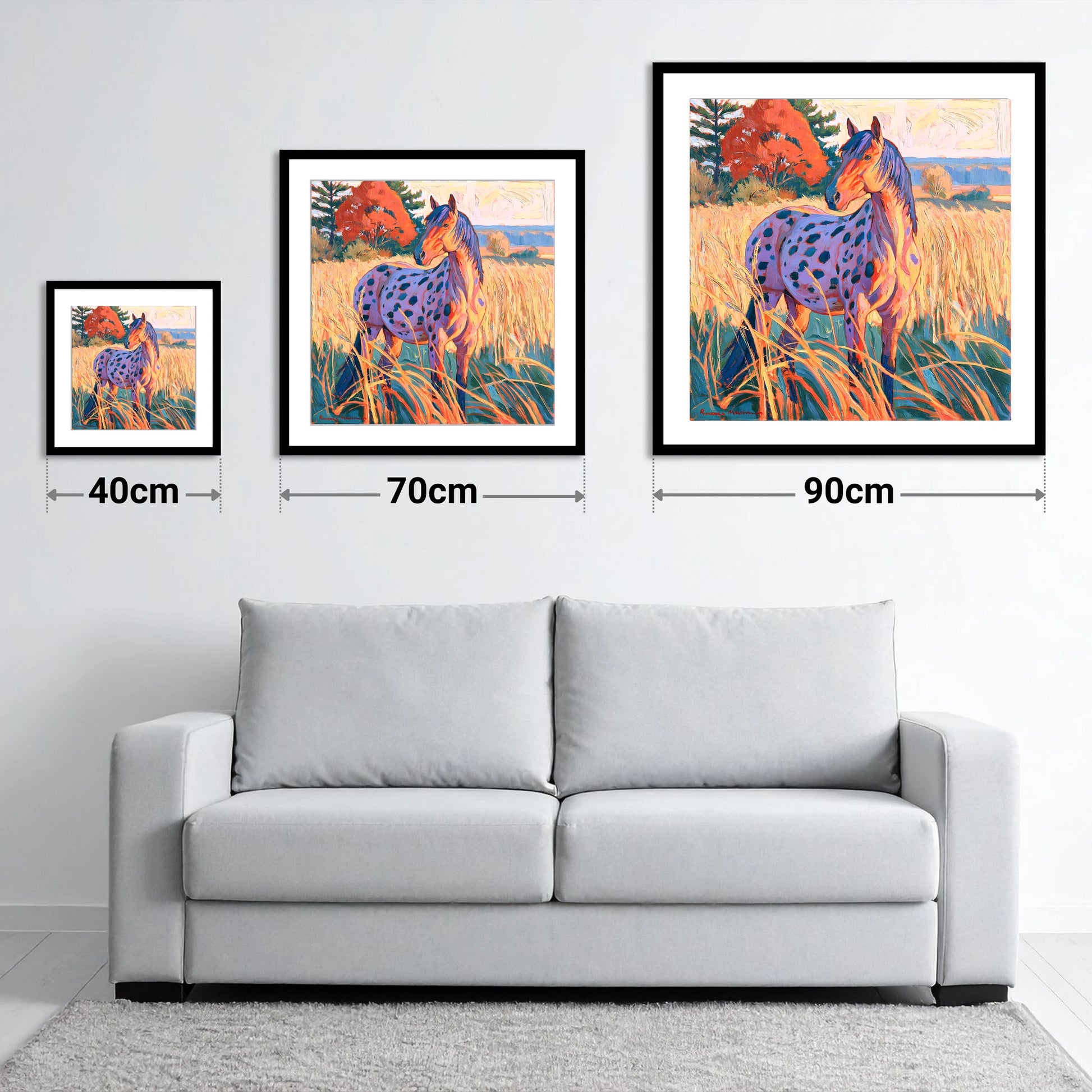 Spotted Appaloosa in Autumn Grass - size guide showing 40cm, 70cm and 90cm art prints