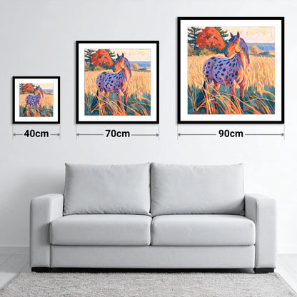 Spotted Appaloosa in Autumn Grass - size guide showing 40cm, 70cm and 90cm art prints