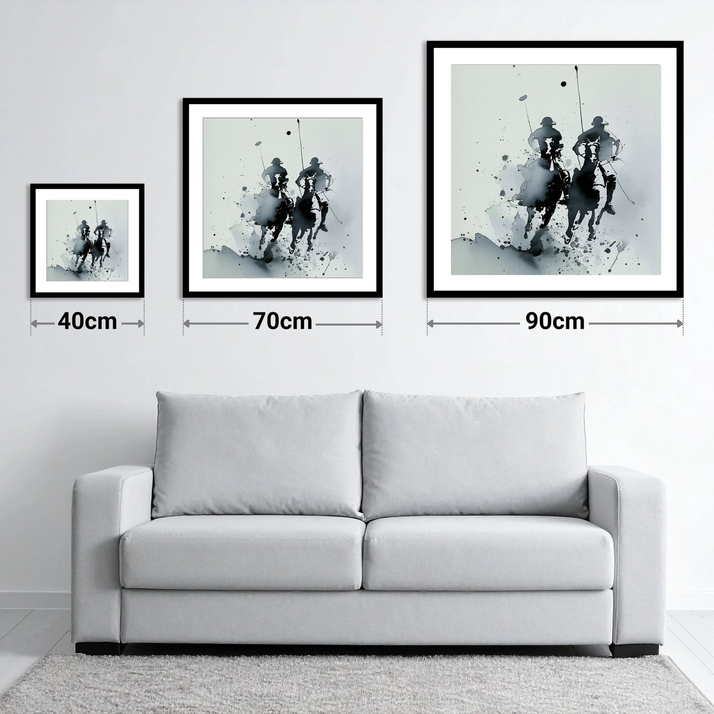 Thundering Polo Pursuit - size guide showing 40cm, 70cm and 90cm art prints