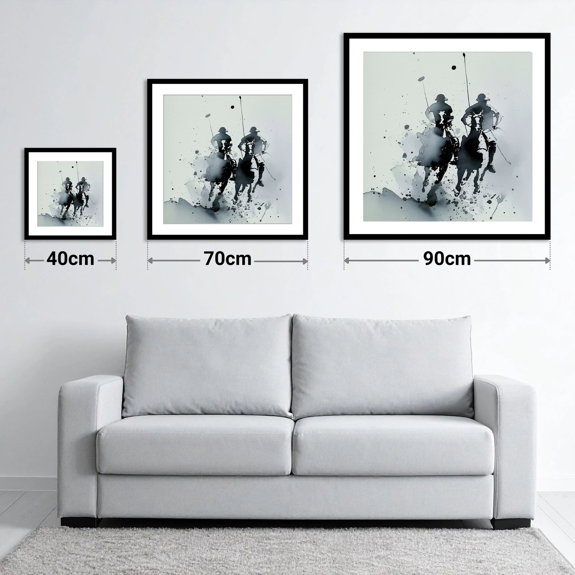 Thundering Polo Pursuit - size guide showing 40cm, 70cm and 90cm art prints