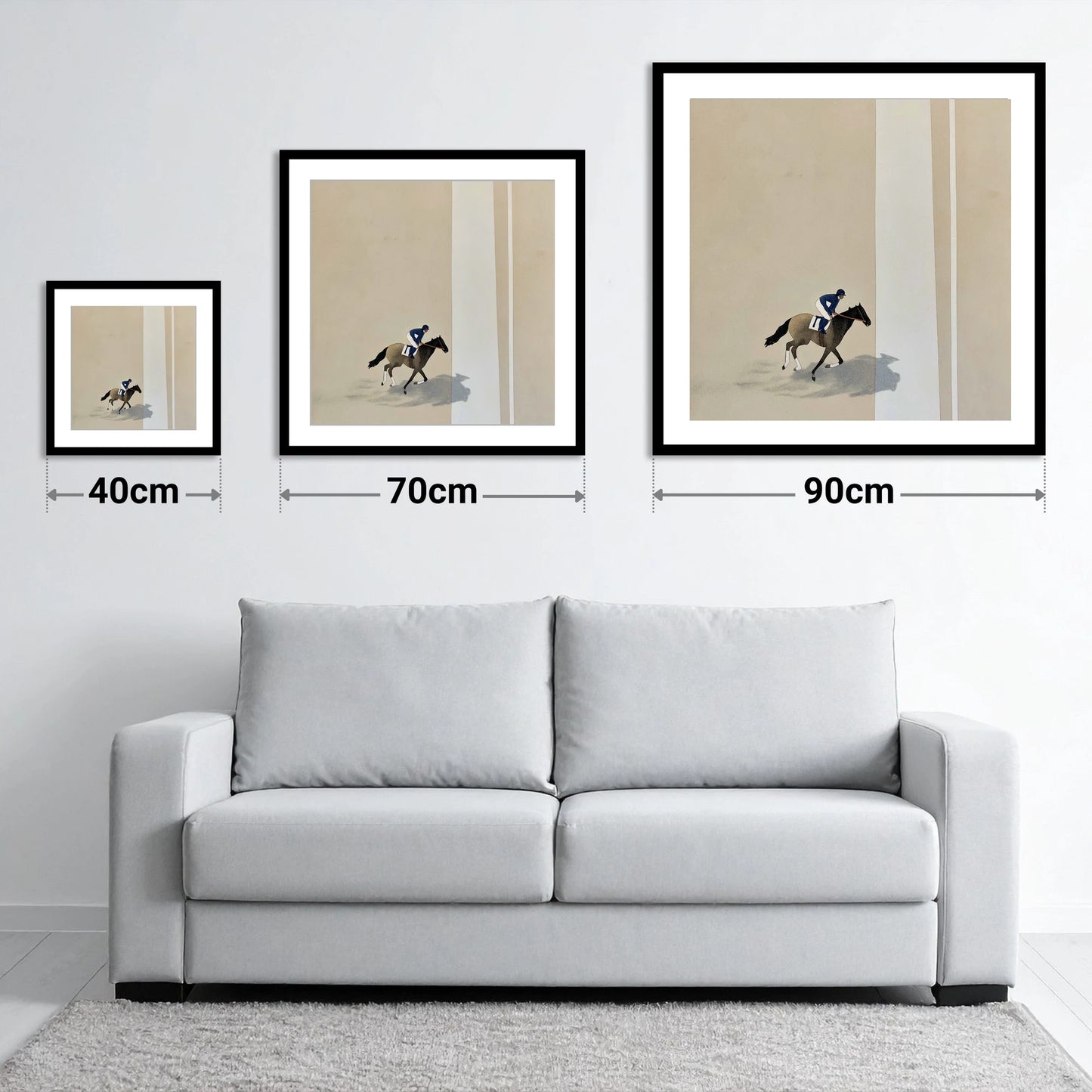 Solitary Gallop - size guide showing 40cm, 70cm and 90cm art prints