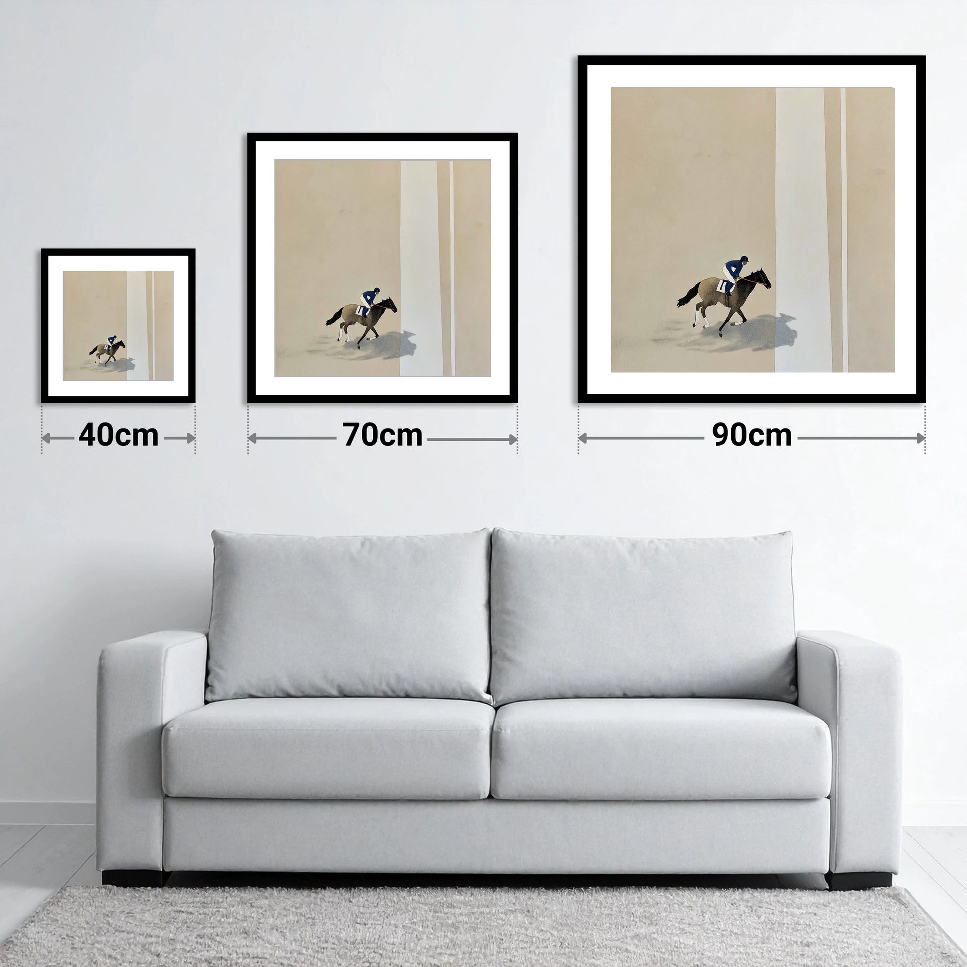 Solitary Gallop - size guide showing 40cm, 70cm and 90cm art prints