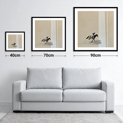 Solitary Gallop - size guide showing 40cm, 70cm and 90cm art prints