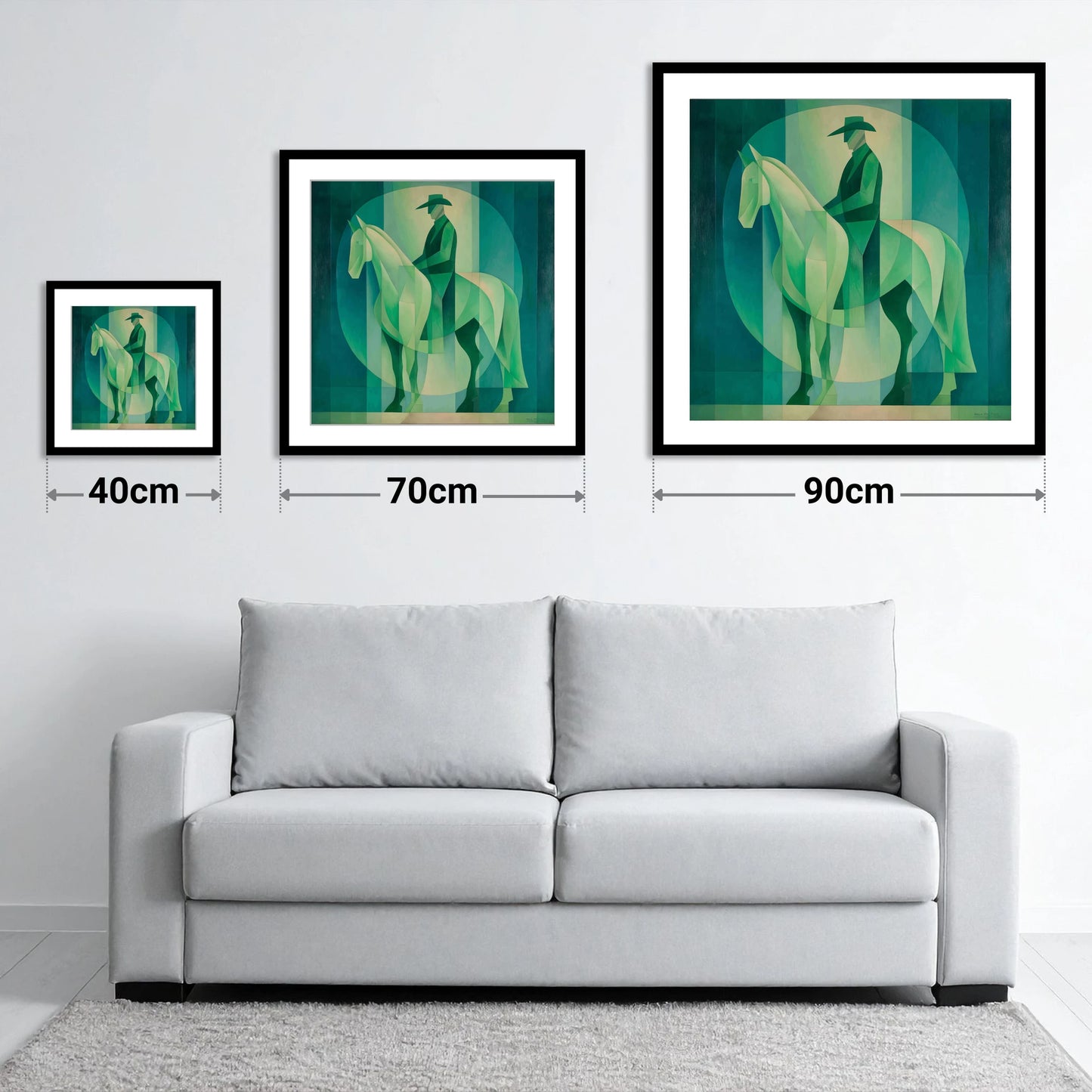 Emerald Western Silhouette - size guide showing 40cm, 70cm and 90cm art prints