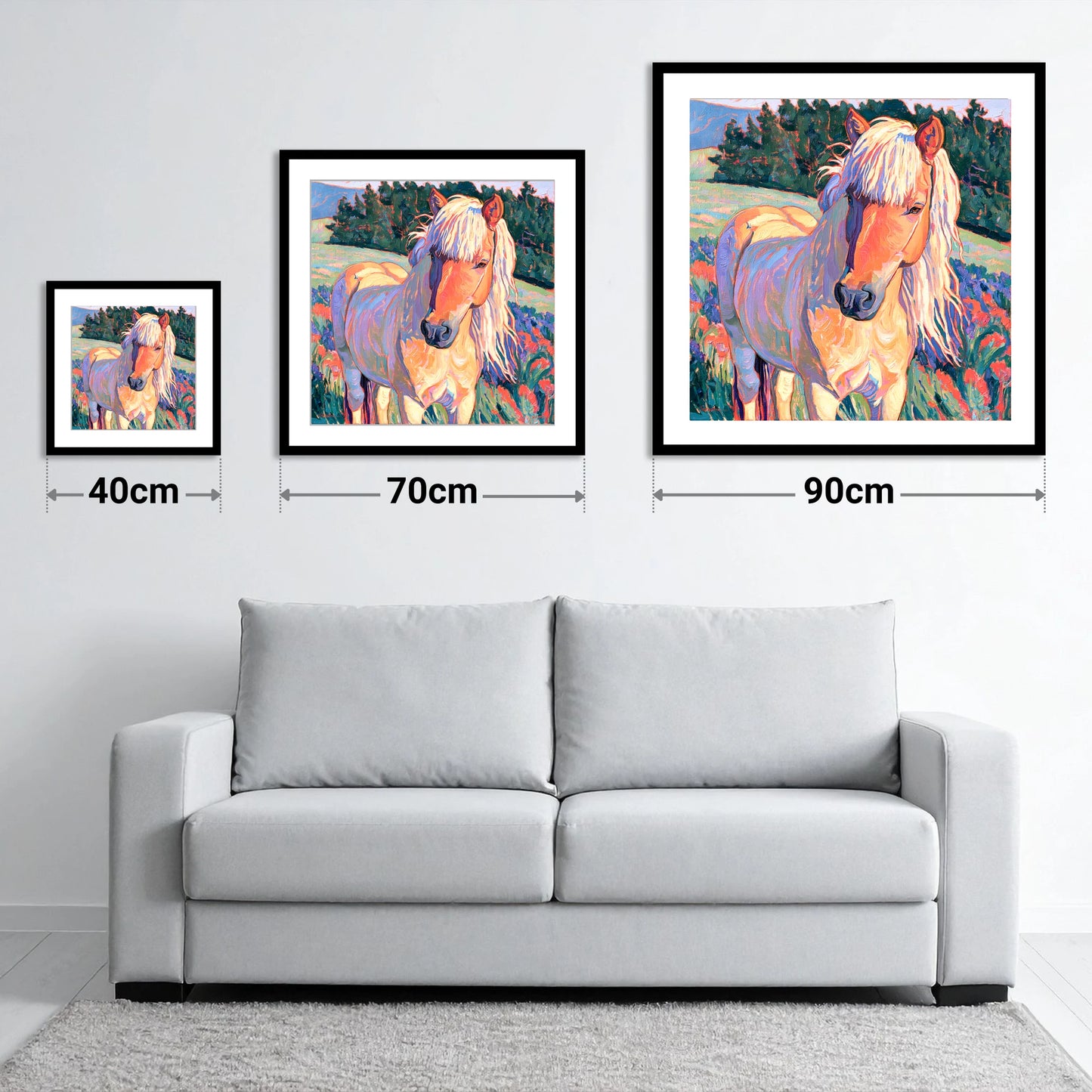 Vibrant Palomino Pony In Meadow - size guide showing 40cm, 70cm and 90cm art prints
